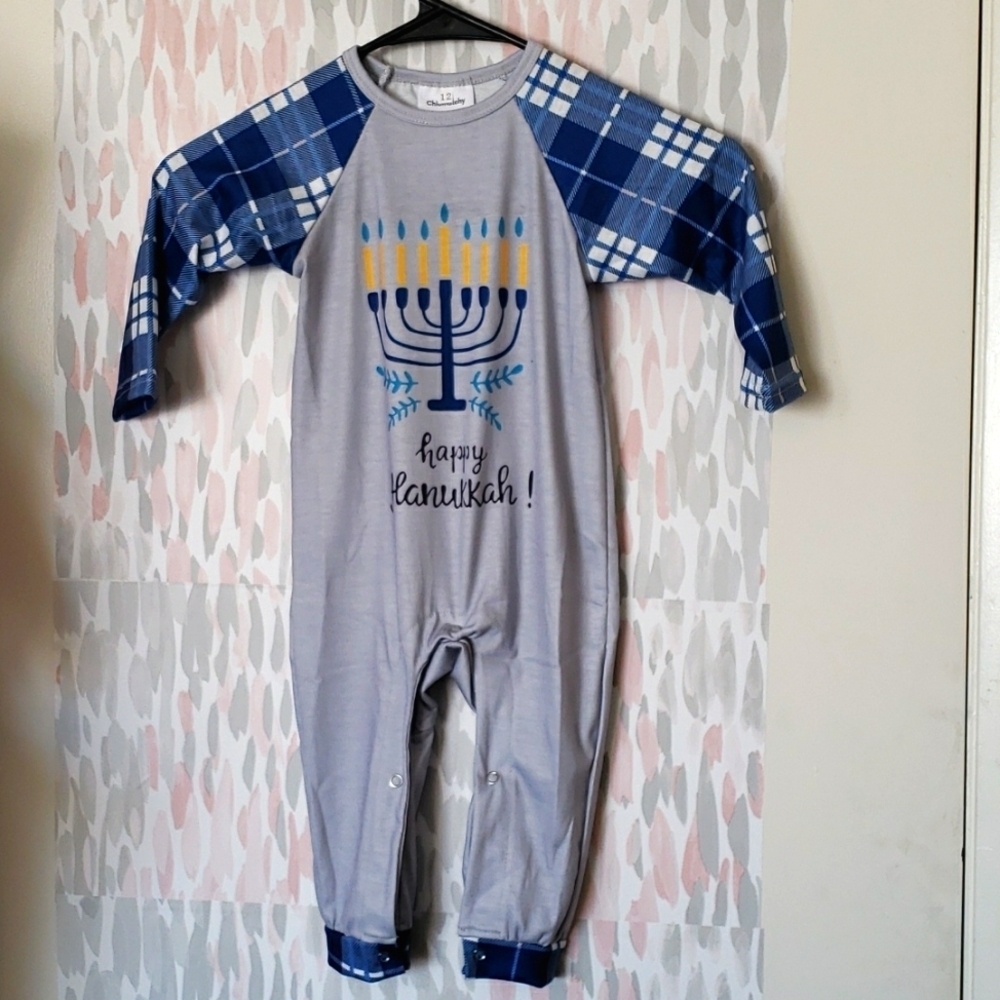 Chicmatchy Happy Hanukkah Gray and Blue Plaid Onesie Size 12